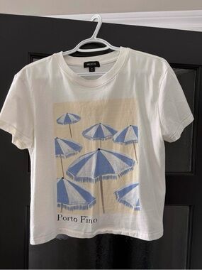 Wildfox White Tee with Blue Umbrella Graphic